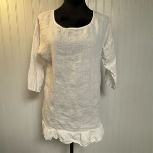 Lungo L'arno Women's White Linen Blouse M Ruffle Hem‎ Lightweight